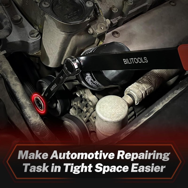 BILITOOLS 15-Piece Universal Serpentine Belt Tool Set,Belt Tensioner Tool Kit with Ratcheting Wrench, Crowfoot Wrenches, Socket Adapters.19 mm and 7/8'' ratchet drive. - Image 2